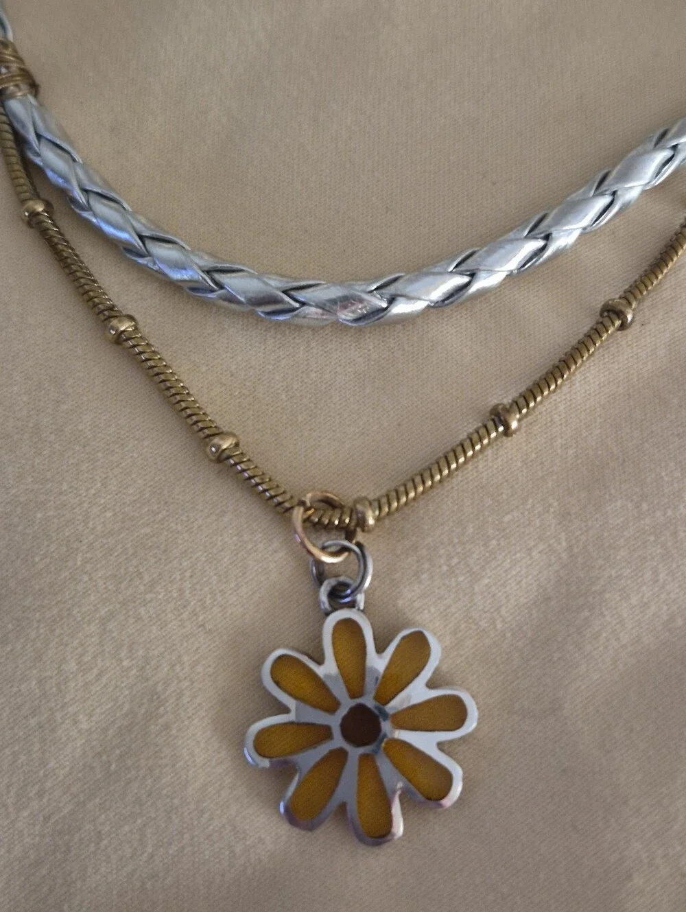 Handmade Sterling Silver Yellow Glass Inlay Daisy Pendant Leather Chain Choker